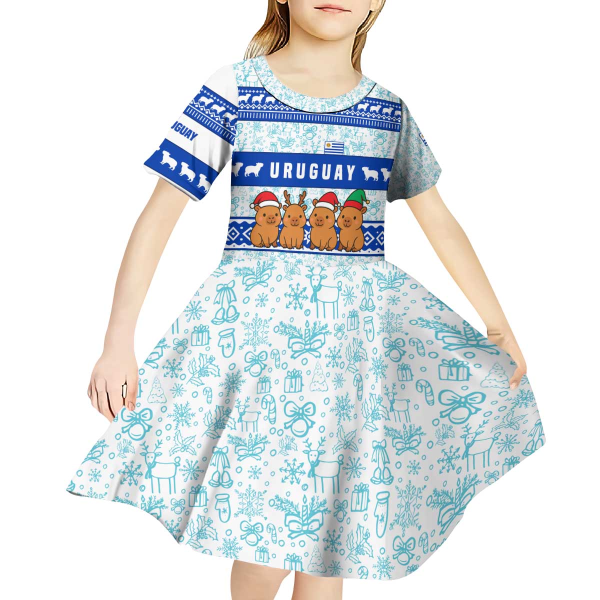 Uruguay Christmas Kid Short Sleeve Dress with Capybaras Holiday Tree Sun Emblem and Blue Festive Pattern - Wonder Print Shop