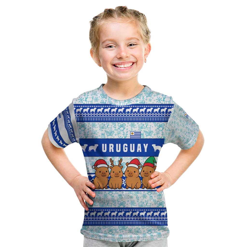 Uruguay Christmas Kid T Shirt with Capybaras Holiday Tree Sun Emblem and Blue Festive Pattern - Wonder Print Shop