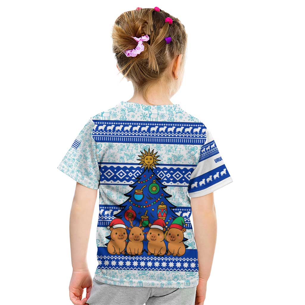 Uruguay Christmas Kid T Shirt with Capybaras Holiday Tree Sun Emblem and Blue Festive Pattern - Wonder Print Shop