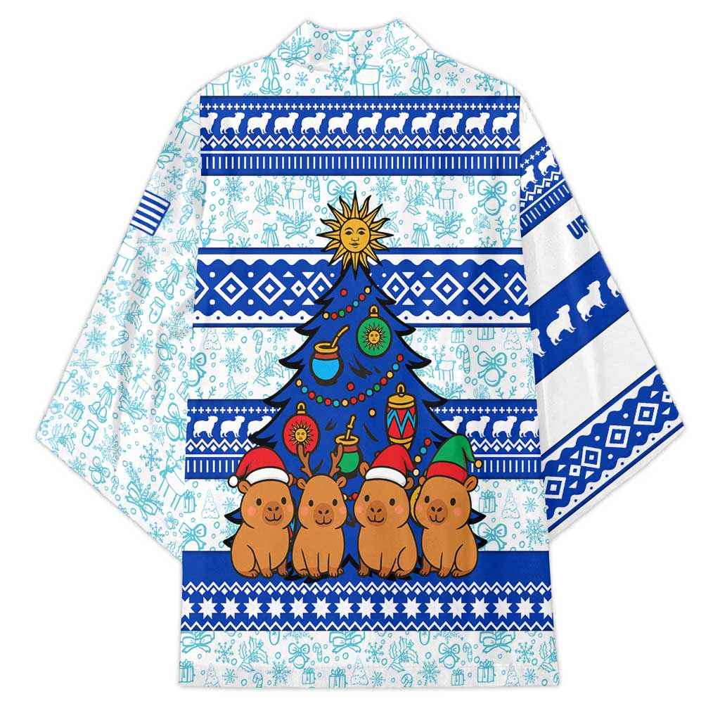 Uruguay Christmas Kimono with Capybaras Holiday Tree Sun Emblem and Blue Festive Pattern - Wonder Print Shop