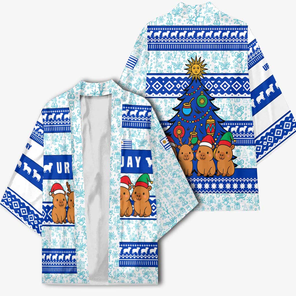 Uruguay Christmas Kimono with Capybaras Holiday Tree Sun Emblem and Blue Festive Pattern - Wonder Print Shop