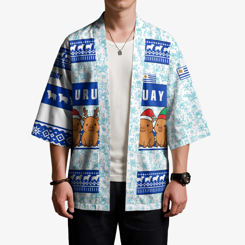 Uruguay Christmas Kimono with Capybaras Holiday Tree Sun Emblem and Blue Festive Pattern - Wonder Print Shop