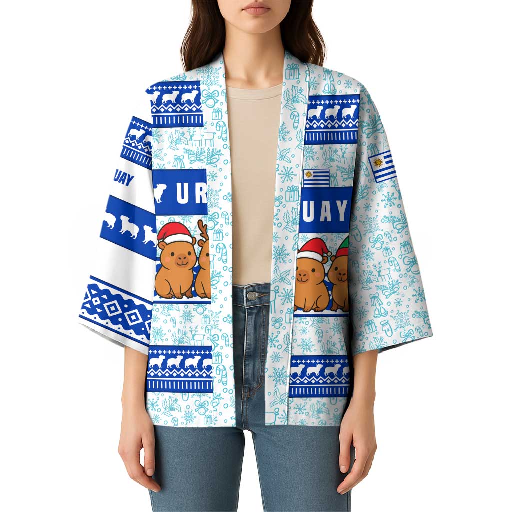 Uruguay Christmas Kimono with Capybaras Holiday Tree Sun Emblem and Blue Festive Pattern - Wonder Print Shop