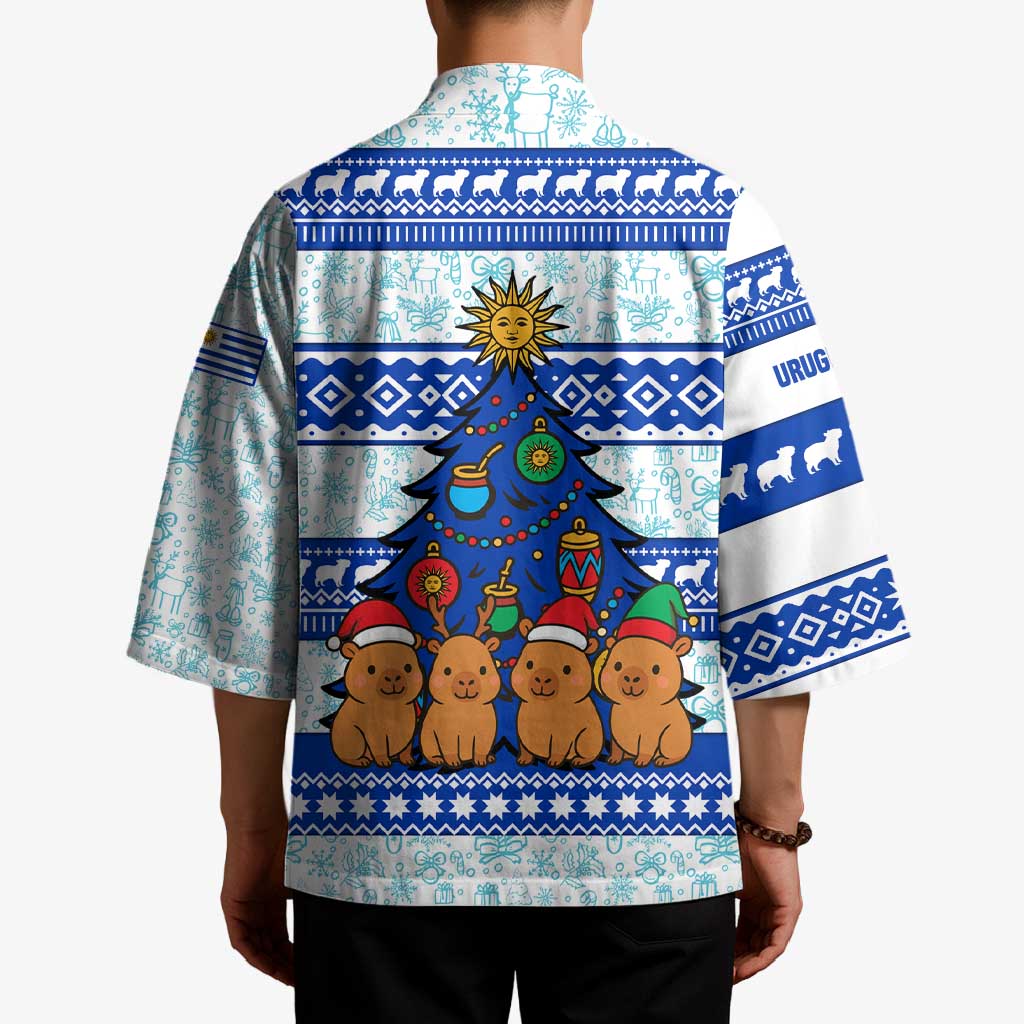 Uruguay Christmas Kimono with Capybaras Holiday Tree Sun Emblem and Blue Festive Pattern - Wonder Print Shop