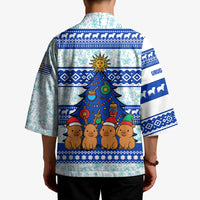 Uruguay Christmas Kimono with Capybaras Holiday Tree Sun Emblem and Blue Festive Pattern - Wonder Print Shop