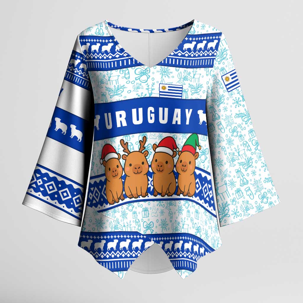Uruguay Christmas Kimono Sleeve Blouse with Capybaras Holiday Tree Sun Emblem and Blue Festive Pattern - Wonder Print Shop