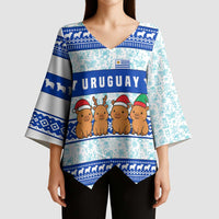 Uruguay Christmas Kimono Sleeve Blouse with Capybaras Holiday Tree Sun Emblem and Blue Festive Pattern - Wonder Print Shop