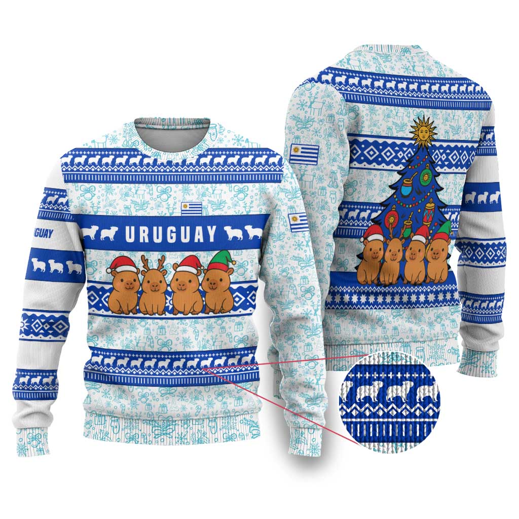 Uruguay Christmas Ugly Christmas Sweater with Capybaras Holiday Tree Sun Emblem and Blue Festive Pattern - Wonder Print Shop