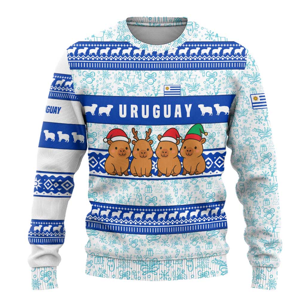 Uruguay Christmas Ugly Christmas Sweater with Capybaras Holiday Tree Sun Emblem and Blue Festive Pattern - Wonder Print Shop