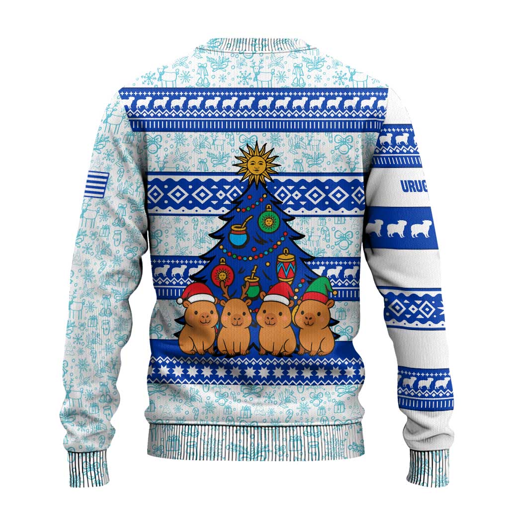 Uruguay Christmas Ugly Christmas Sweater with Capybaras Holiday Tree Sun Emblem and Blue Festive Pattern - Wonder Print Shop