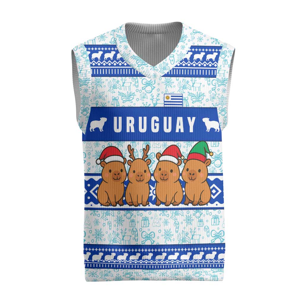 Uruguay Christmas Knitted V-Neck Vest with Capybaras Holiday Tree Sun Emblem and Blue Festive Pattern - Wonder Print Shop