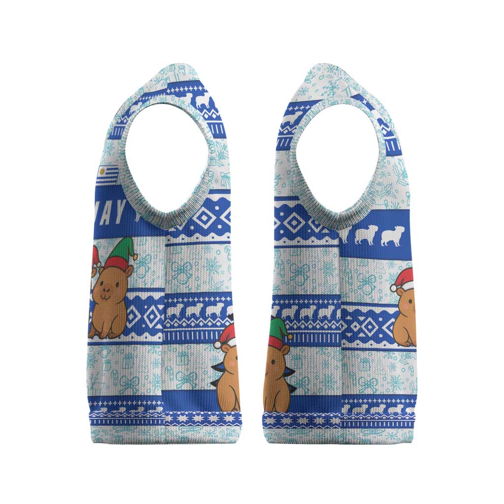 Uruguay Christmas Knitted V-Neck Vest with Capybaras Holiday Tree Sun Emblem and Blue Festive Pattern - Wonder Print Shop