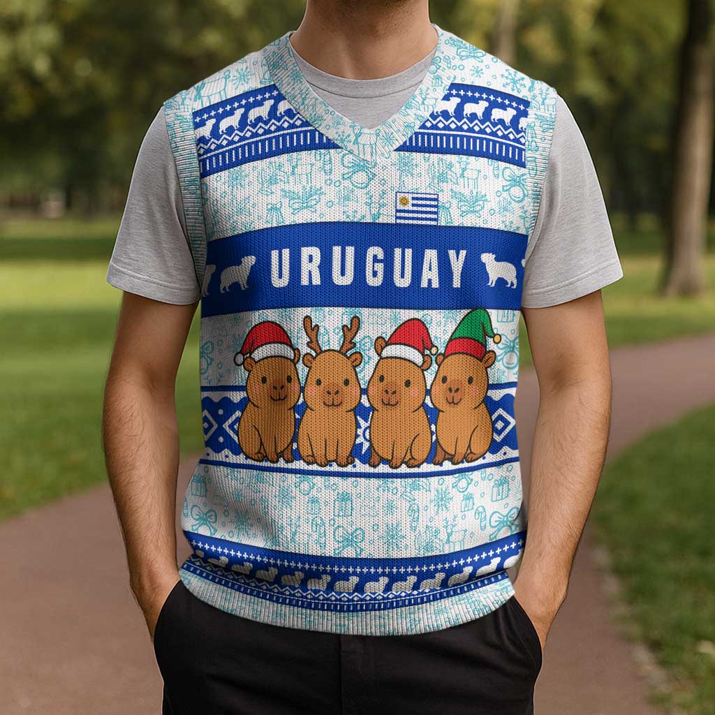 Uruguay Christmas Knitted V-Neck Vest with Capybaras Holiday Tree Sun Emblem and Blue Festive Pattern - Wonder Print Shop