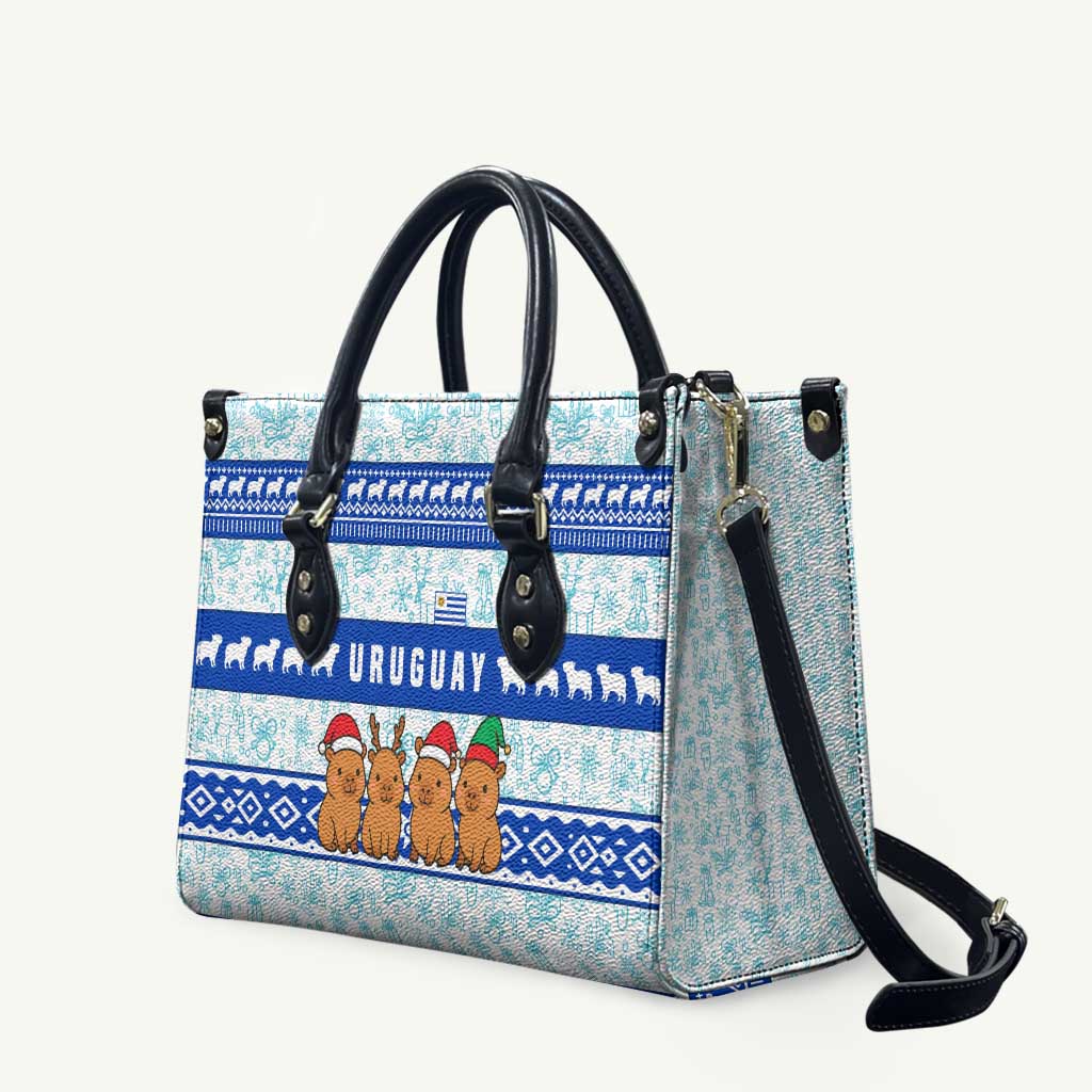 Uruguay Christmas Leather Bag with Capybaras Holiday Tree Sun Emblem and Blue Festive Pattern - Wonder Print Shop