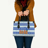 Uruguay Christmas Leather Bag with Capybaras Holiday Tree Sun Emblem and Blue Festive Pattern - Wonder Print Shop