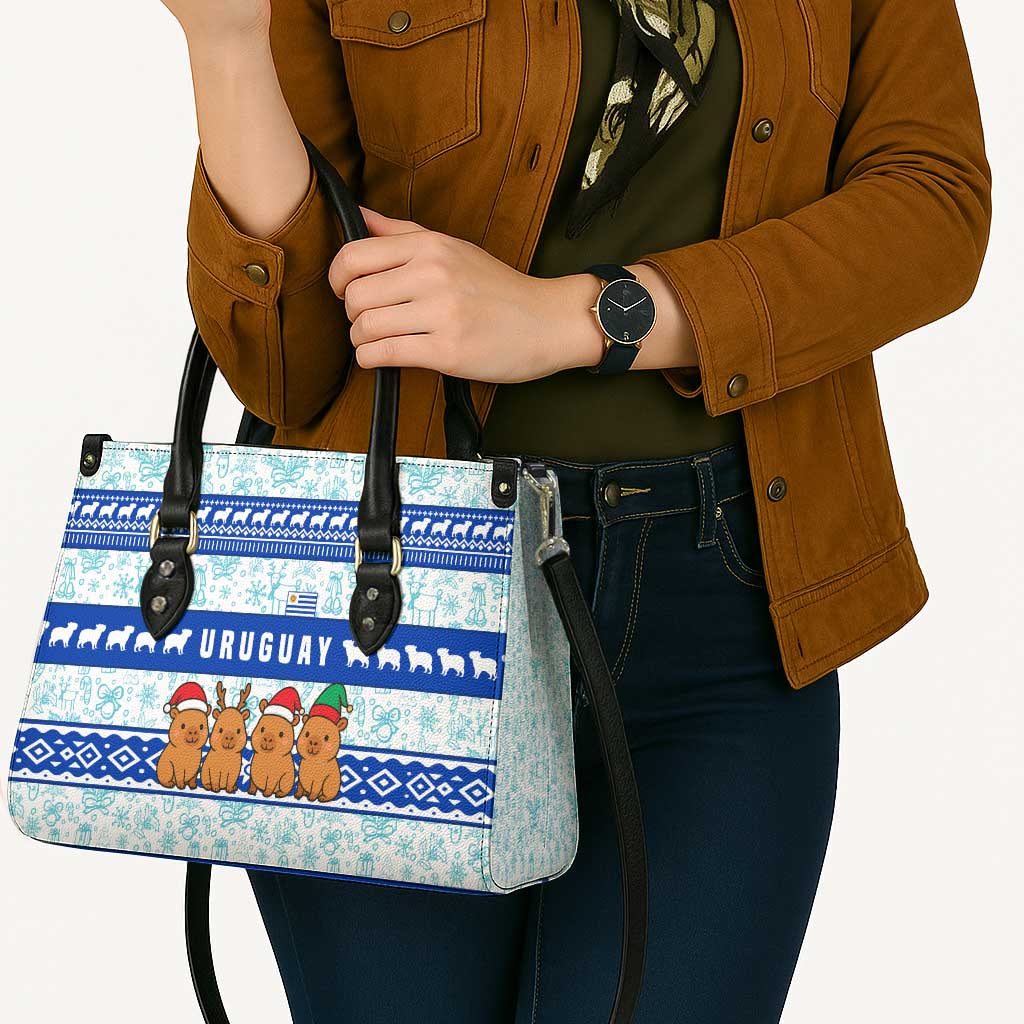 Uruguay Christmas Leather Bag with Capybaras Holiday Tree Sun Emblem and Blue Festive Pattern - Wonder Print Shop