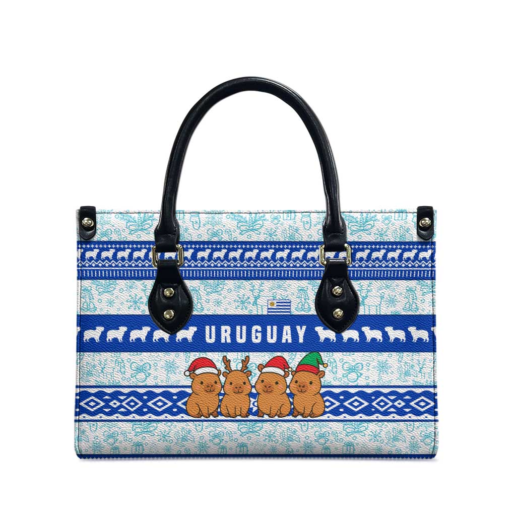 Uruguay Christmas Leather Bag with Capybaras Holiday Tree Sun Emblem and Blue Festive Pattern - Wonder Print Shop