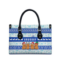 Uruguay Christmas Leather Bag with Capybaras Holiday Tree Sun Emblem and Blue Festive Pattern - Wonder Print Shop