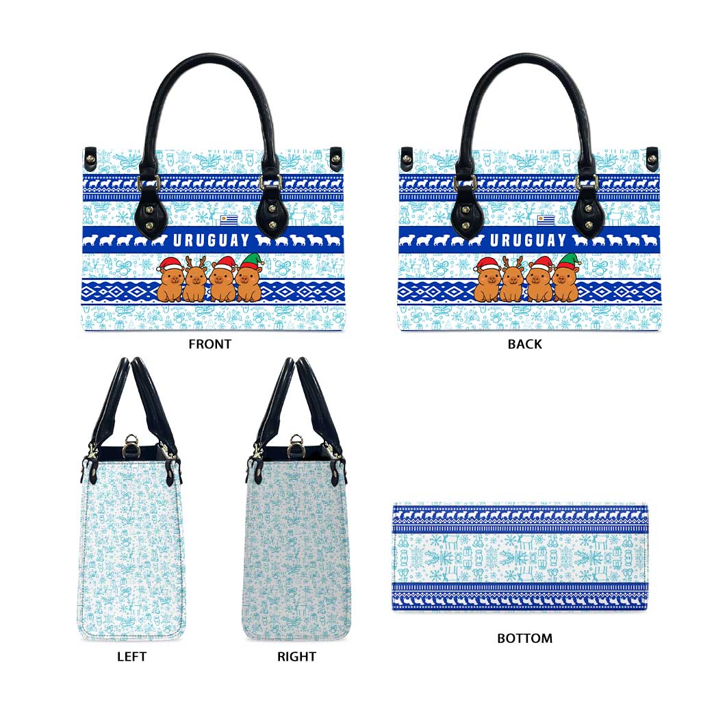 Uruguay Christmas Leather Bag with Capybaras Holiday Tree Sun Emblem and Blue Festive Pattern - Wonder Print Shop