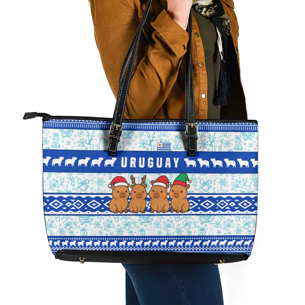 Uruguay Christmas Leather Tote Bag with Capybaras Holiday Tree Sun Emblem and Blue Festive Pattern - Wonder Print Shop