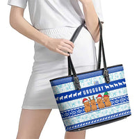 Uruguay Christmas Leather Tote Bag with Capybaras Holiday Tree Sun Emblem and Blue Festive Pattern - Wonder Print Shop