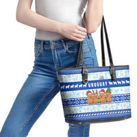 Uruguay Christmas Leather Tote Bag with Capybaras Holiday Tree Sun Emblem and Blue Festive Pattern - Wonder Print Shop