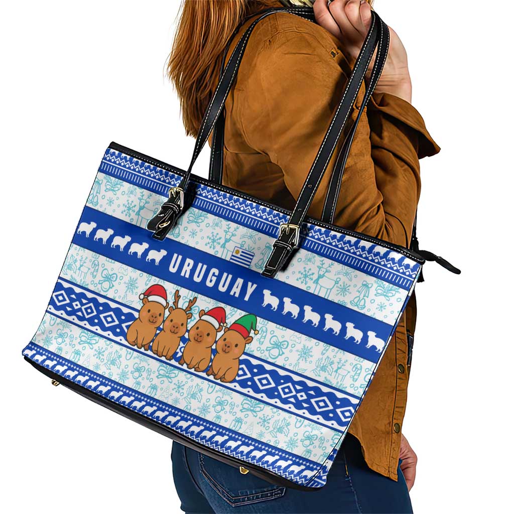 Uruguay Christmas Leather Tote Bag with Capybaras Holiday Tree Sun Emblem and Blue Festive Pattern - Wonder Print Shop