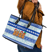Uruguay Christmas Leather Tote Bag with Capybaras Holiday Tree Sun Emblem and Blue Festive Pattern - Wonder Print Shop