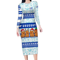 Uruguay Christmas Long Sleeve Bodycon Dress with Capybaras Holiday Tree Sun Emblem and Blue Festive Pattern - Wonder Print Shop