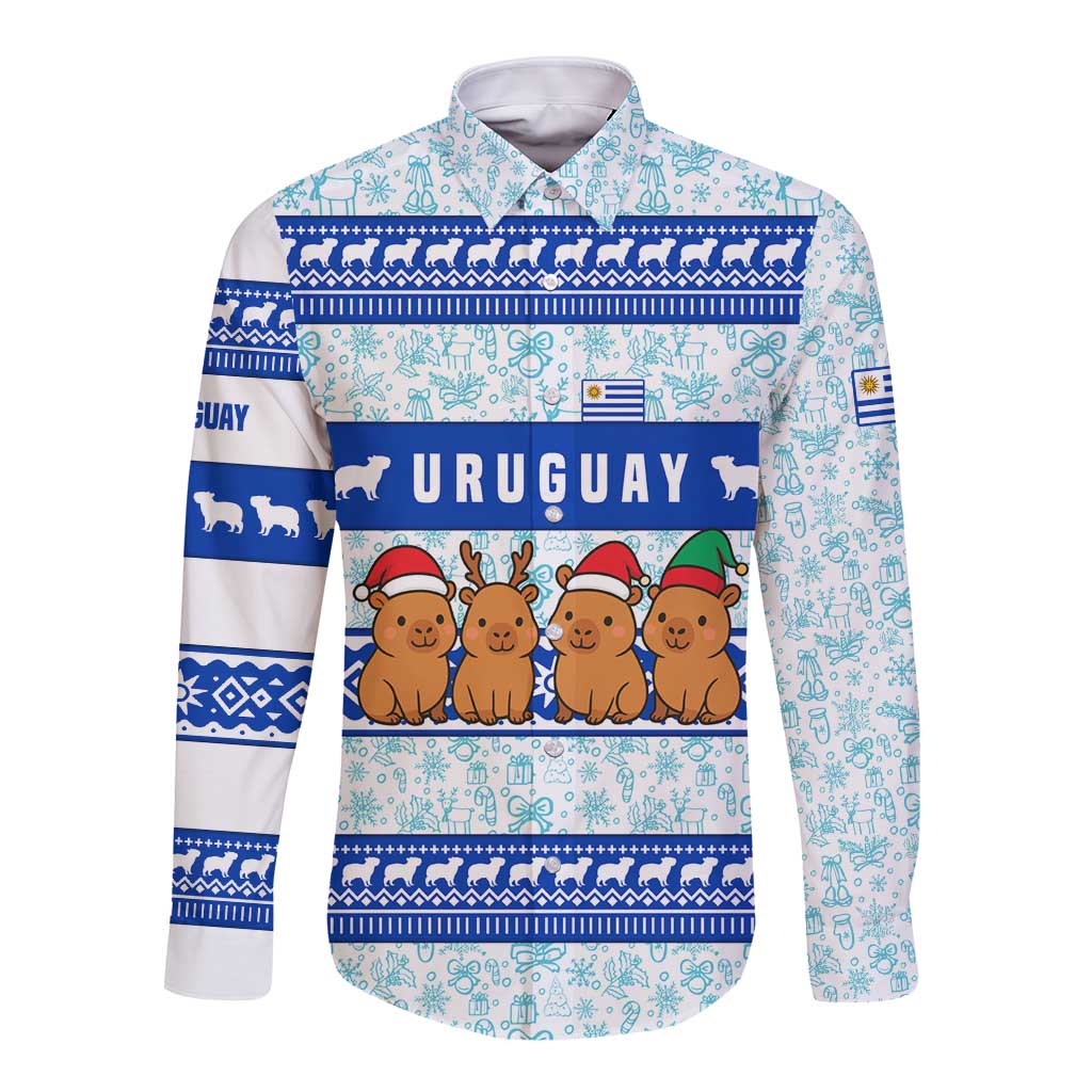 Uruguay Christmas Long Sleeve Button Shirt with Capybaras Holiday Tree Sun Emblem and Blue Festive Pattern - Wonder Print Shop