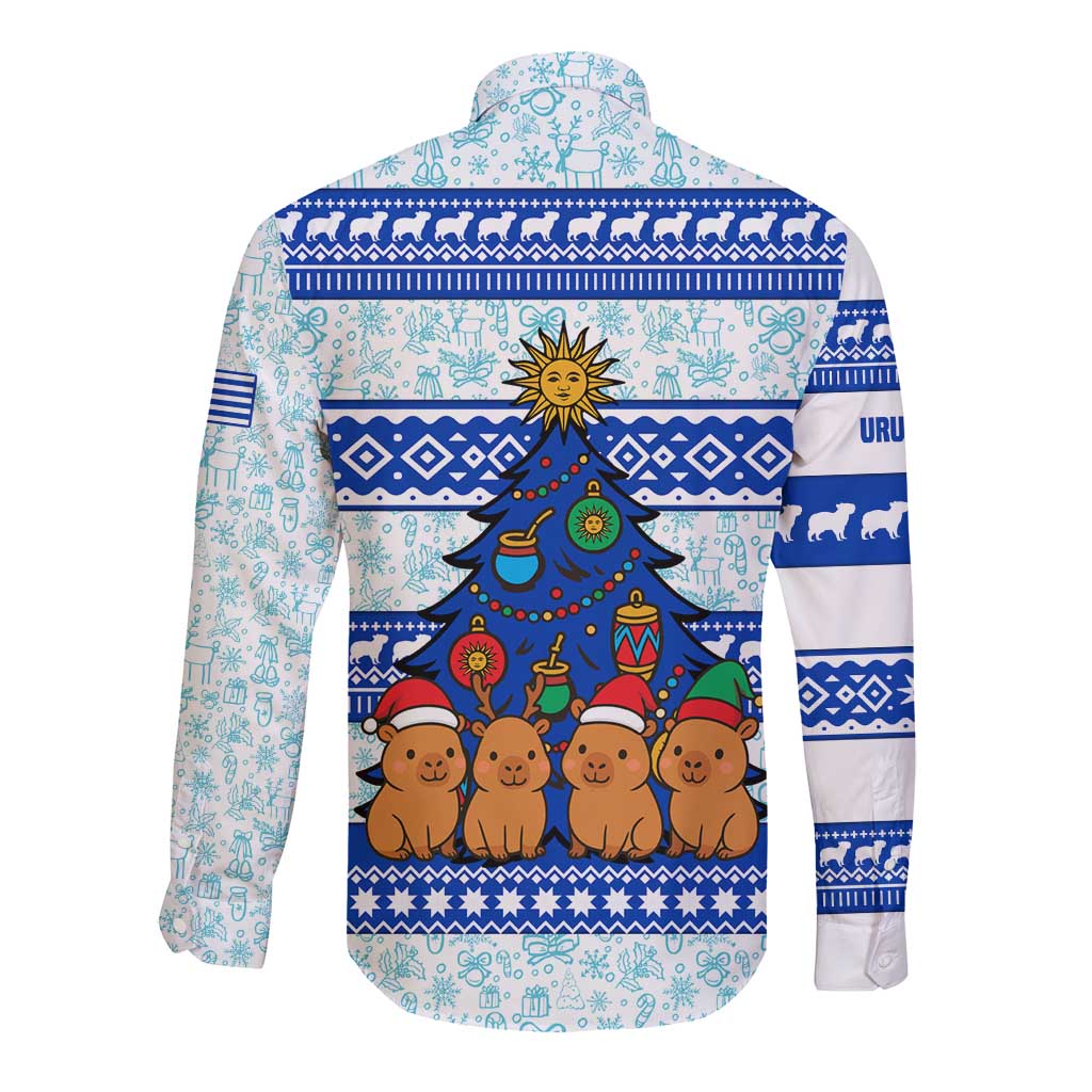 Uruguay Christmas Long Sleeve Button Shirt with Capybaras Holiday Tree Sun Emblem and Blue Festive Pattern - Wonder Print Shop