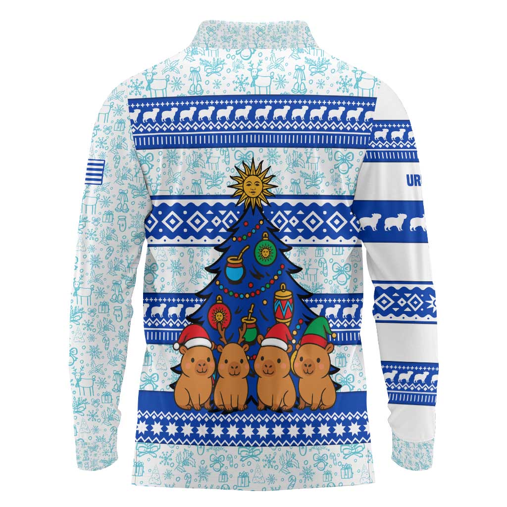 Uruguay Christmas Long Sleeve Polo Shirt with Capybaras Holiday Tree Sun Emblem and Blue Festive Pattern - Wonder Print Shop