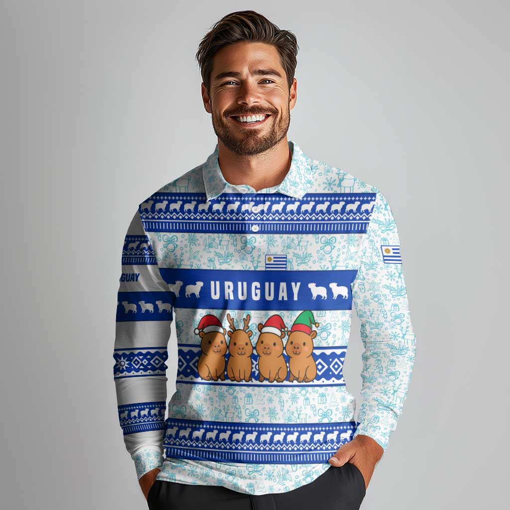 Uruguay Christmas Long Sleeve Polo Shirt with Capybaras Holiday Tree Sun Emblem and Blue Festive Pattern - Wonder Print Shop