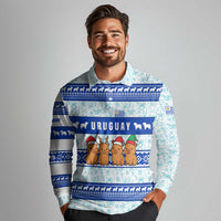 Uruguay Christmas Long Sleeve Polo Shirt with Capybaras Holiday Tree Sun Emblem and Blue Festive Pattern - Wonder Print Shop