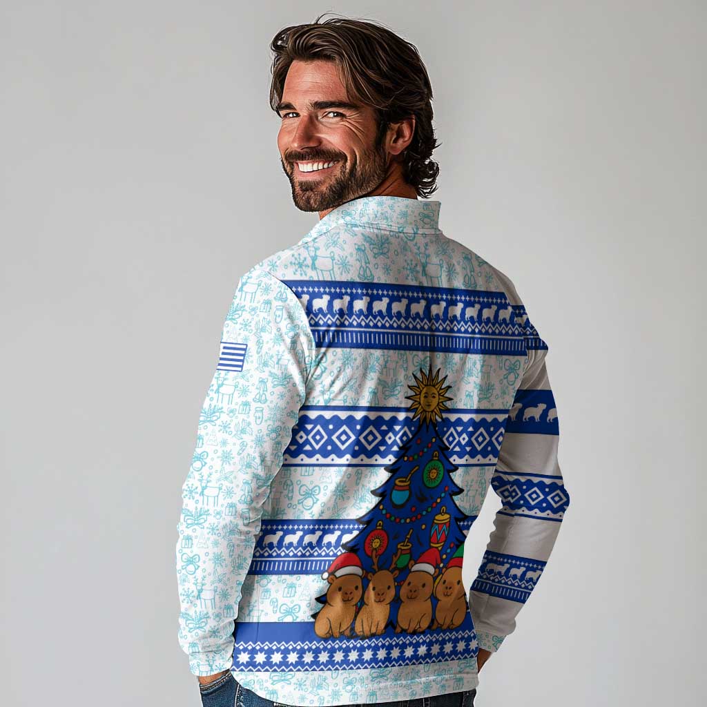 Uruguay Christmas Long Sleeve Polo Shirt with Capybaras Holiday Tree Sun Emblem and Blue Festive Pattern - Wonder Print Shop