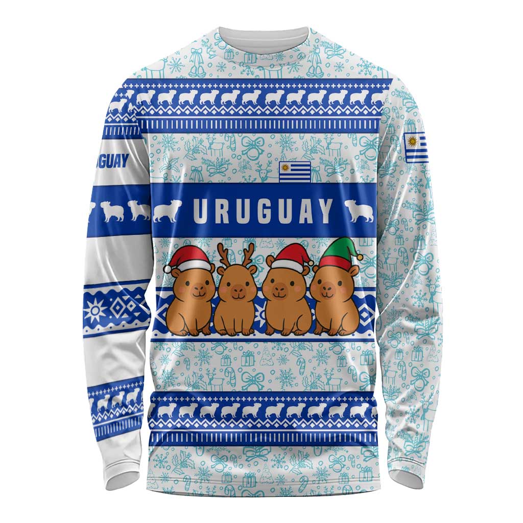 Uruguay Christmas Long Sleeve Shirt with Capybaras Holiday Tree Sun Emblem and Blue Festive Pattern - Wonder Print Shop