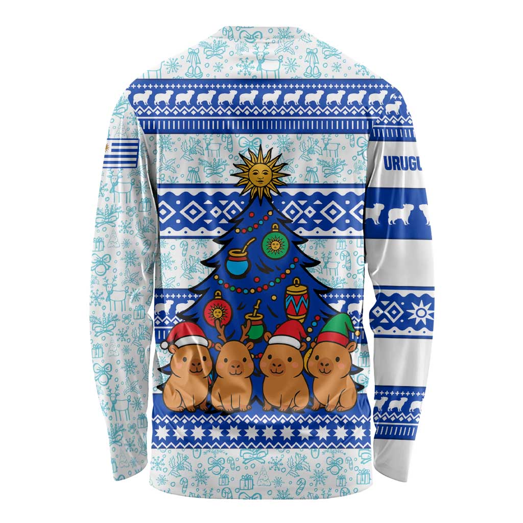 Uruguay Christmas Long Sleeve Shirt with Capybaras Holiday Tree Sun Emblem and Blue Festive Pattern - Wonder Print Shop
