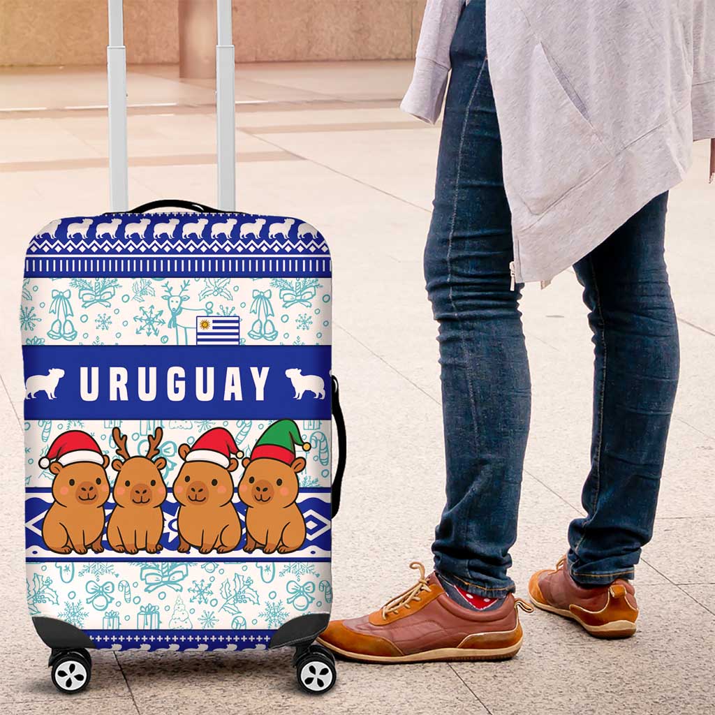 Uruguay Christmas Luggage Cover with Capybaras Holiday Tree Sun Emblem and Blue Festive Pattern - Wonder Print Shop