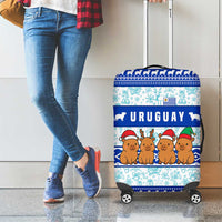 Uruguay Christmas Luggage Cover with Capybaras Holiday Tree Sun Emblem and Blue Festive Pattern - Wonder Print Shop