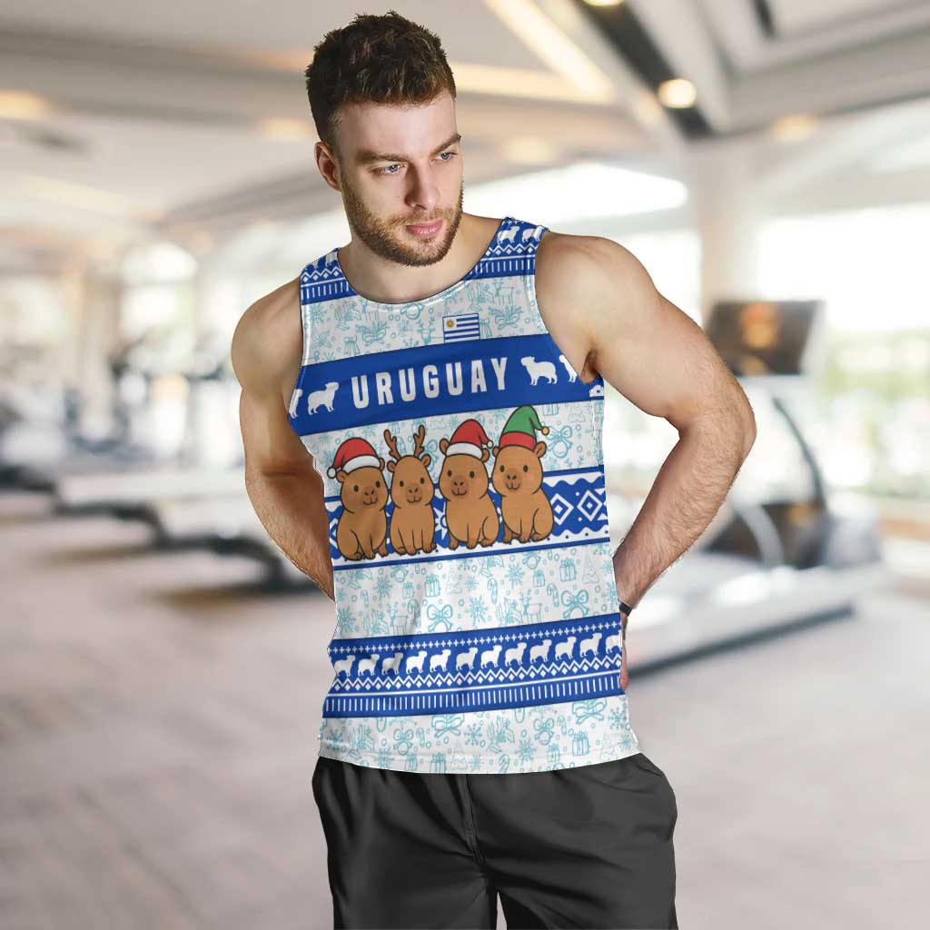 Uruguay Christmas Men Tank Top with Capybaras Holiday Tree Sun Emblem and Blue Festive Pattern - Wonder Print Shop