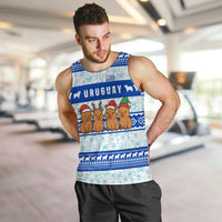 Uruguay Christmas Men Tank Top with Capybaras Holiday Tree Sun Emblem and Blue Festive Pattern - Wonder Print Shop