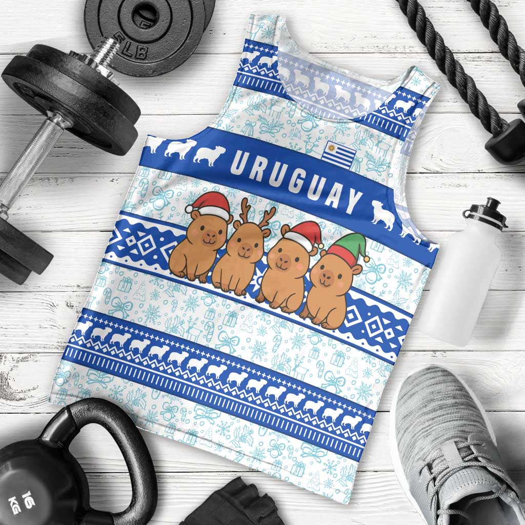 Uruguay Christmas Men Tank Top with Capybaras Holiday Tree Sun Emblem and Blue Festive Pattern - Wonder Print Shop