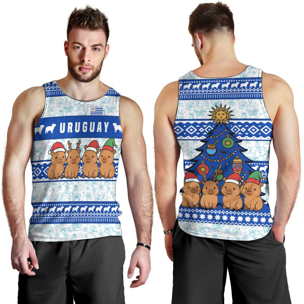 Uruguay Christmas Men Tank Top with Capybaras Holiday Tree Sun Emblem and Blue Festive Pattern - Wonder Print Shop