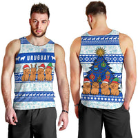 Uruguay Christmas Men Tank Top with Capybaras Holiday Tree Sun Emblem and Blue Festive Pattern - Wonder Print Shop