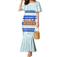 Uruguay Christmas Mermaid Dress with Capybaras Holiday Tree Sun Emblem and Blue Festive Pattern - Wonder Print Shop