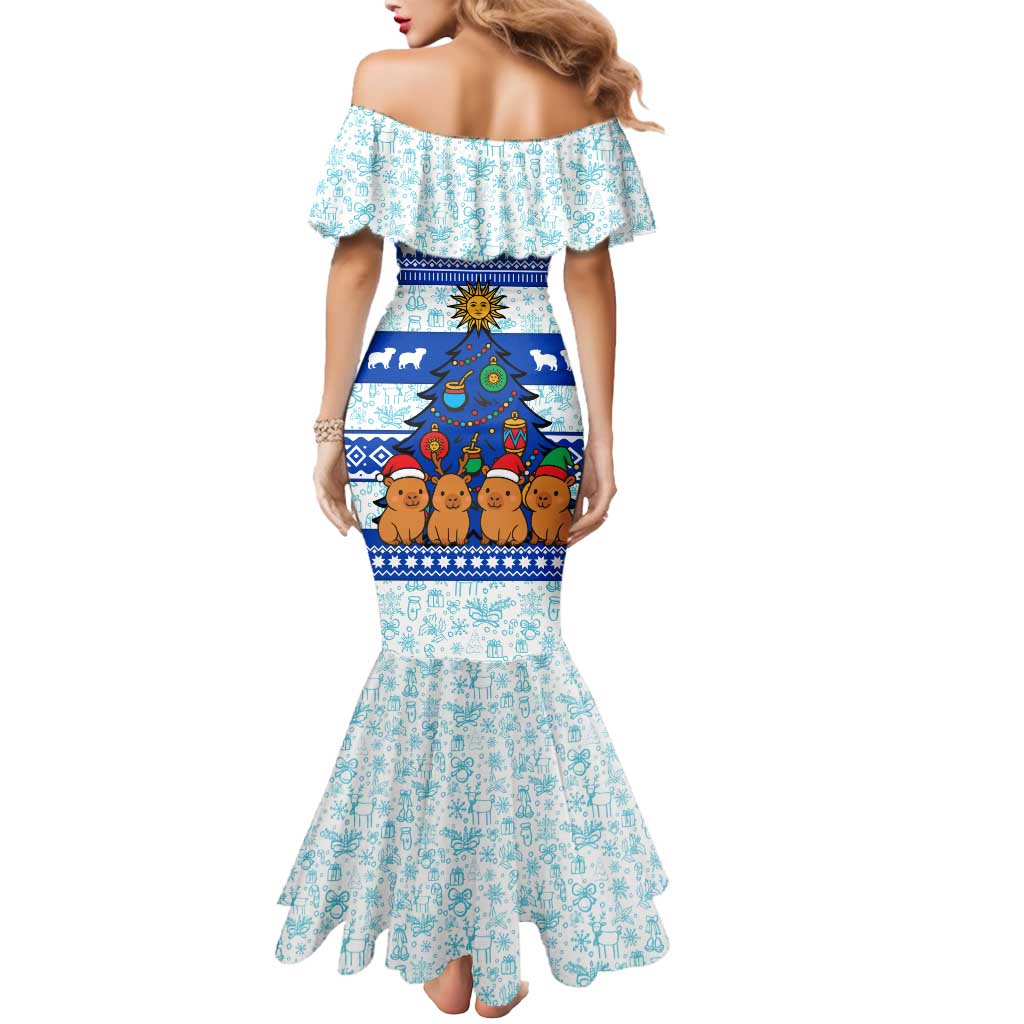 Uruguay Christmas Mermaid Dress with Capybaras Holiday Tree Sun Emblem and Blue Festive Pattern - Wonder Print Shop