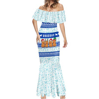 Uruguay Christmas Mermaid Dress with Capybaras Holiday Tree Sun Emblem and Blue Festive Pattern - Wonder Print Shop