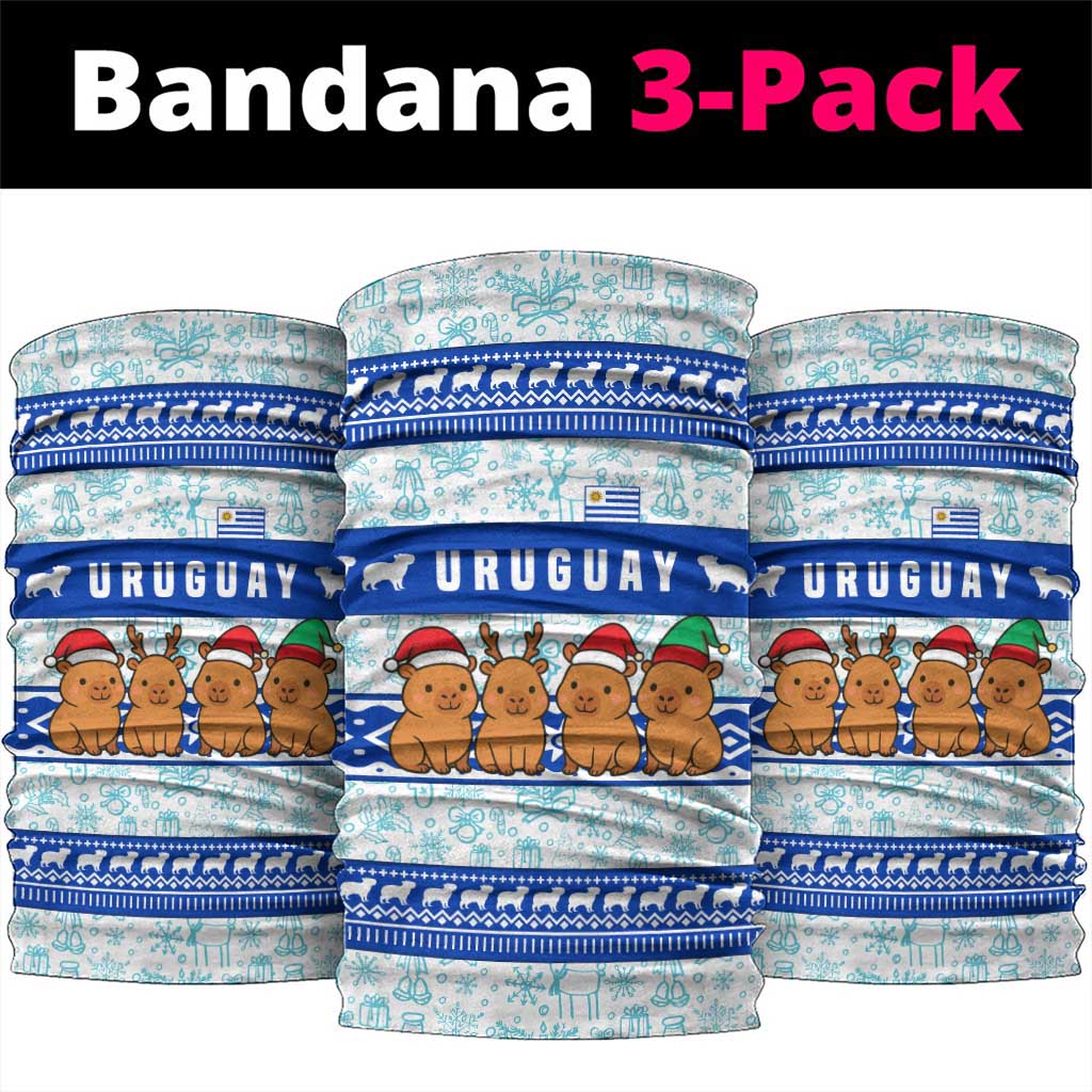 Uruguay Christmas Neck Gaiter with Capybaras Holiday Tree Sun Emblem and Blue Festive Pattern - Wonder Print Shop
