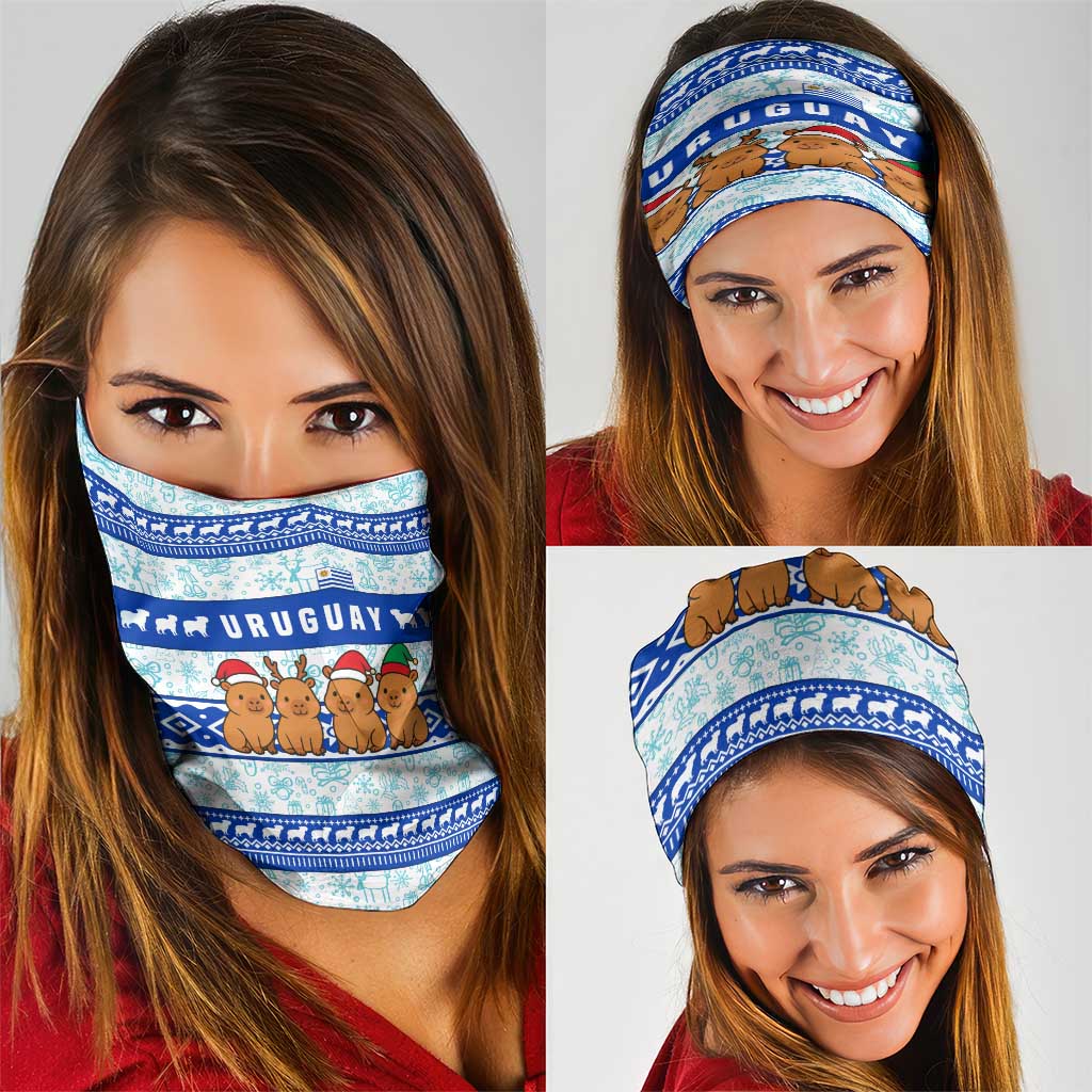 Uruguay Christmas Neck Gaiter with Capybaras Holiday Tree Sun Emblem and Blue Festive Pattern - Wonder Print Shop