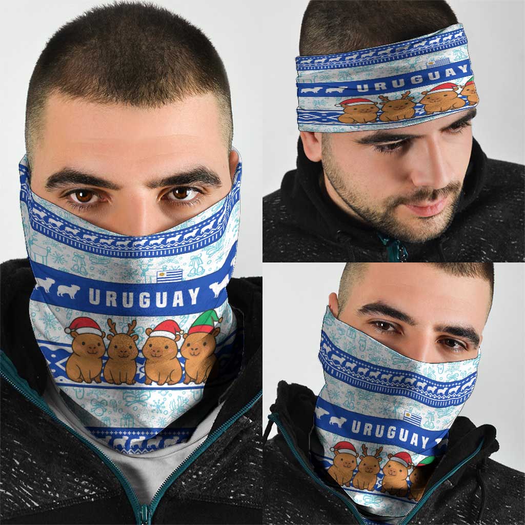 Uruguay Christmas Neck Gaiter with Capybaras Holiday Tree Sun Emblem and Blue Festive Pattern - Wonder Print Shop